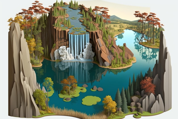 Une peinture d'un lac avec une cascade et des arbres en arrière-plan.