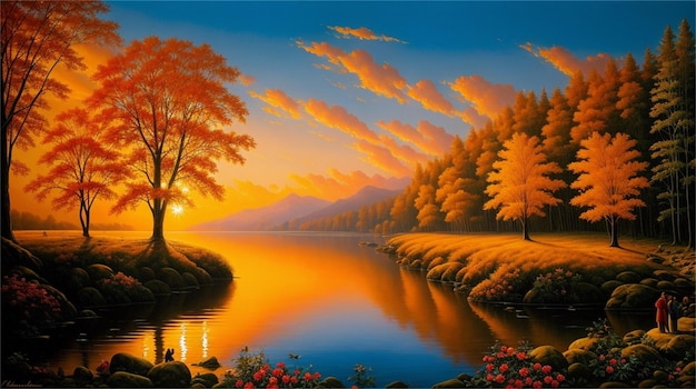 Une peinture d'un lac avec un coucher de soleil et un arbre avec le soleil qui brille dessus.