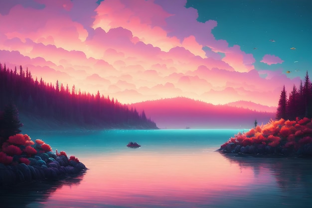 Une peinture d'un lac avec un coucher de soleil et un couple marchant à côté.