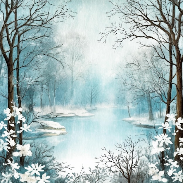 Peinture d'un lac enneigé avec des arbres et de la neige au sol ai générative