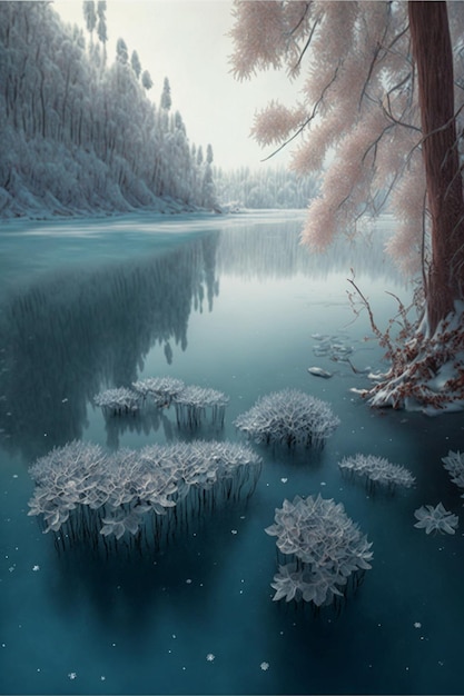 Peinture d'un lac entouré d'arbres couverts de neige ai générative