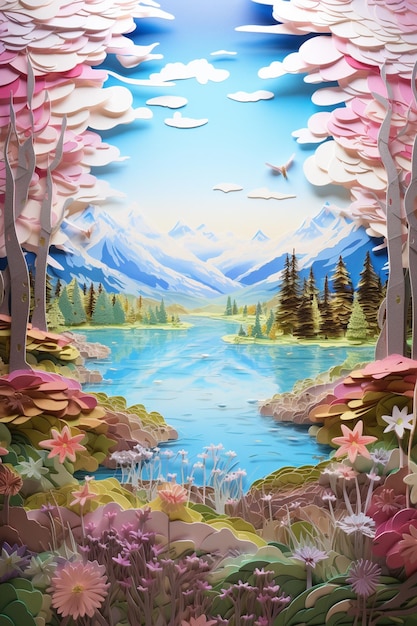 Peinture d'un lac entouré d'arbres et de fleurs avec des montagnes en arrière-plan