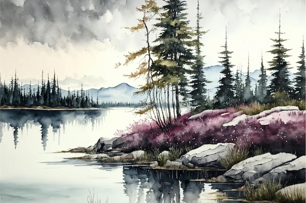 Peinture d'un lac entouré d'arbres générative ai