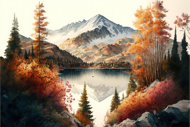 Une peinture d'un lac entouré de montagnes