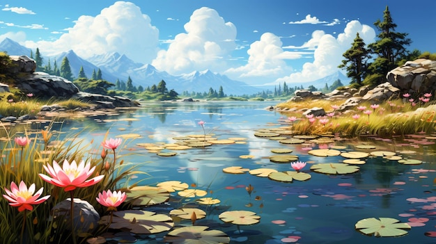 Une peinture d'un lac avec une fleur de lotus