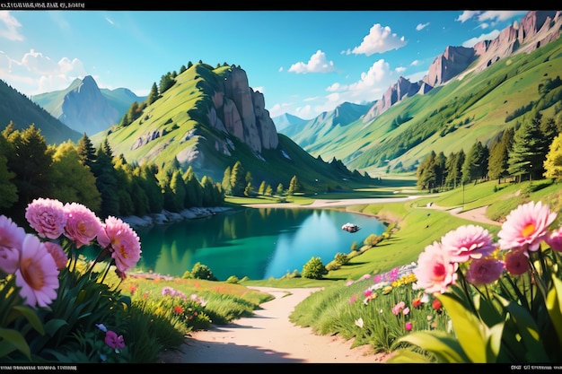 Une peinture d'un lac avec des fleurs et des montagnes en arrière-plan.