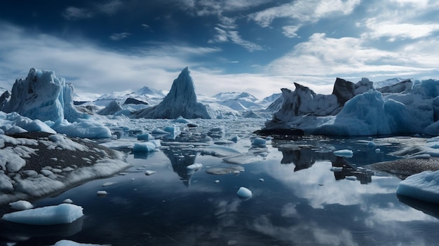 Une peinture d'un lac avec des icebergs et des montagnes en arrière-plan.