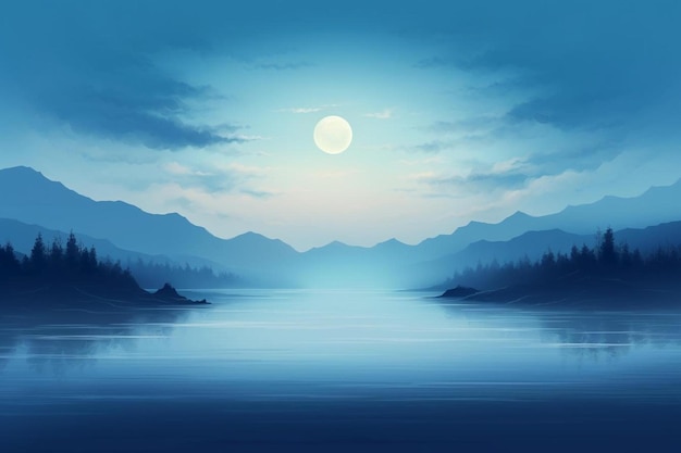 une peinture d'un lac avec une lune pleine dans le ciel.