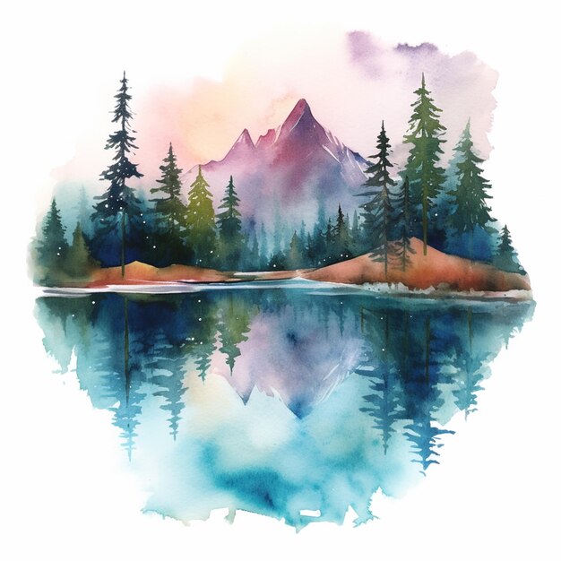 Peinture d'un lac de montagne avec des arbres et une montagne en arrière-plan