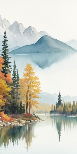 Une peinture d'un lac avec une montagne en arrière-plan