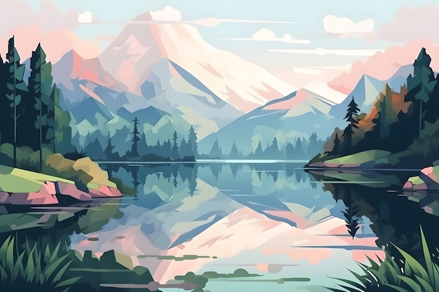 Une peinture d'un lac avec une montagne en arrière-plan