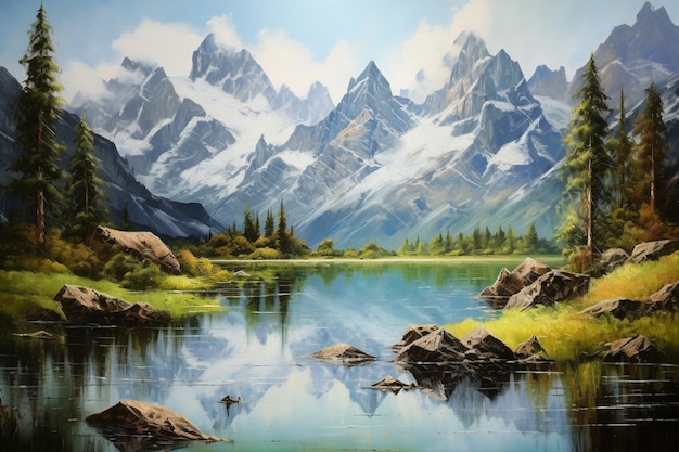 Peinture d'un lac de montagne avec une chaîne de montagnes en arrière-plan ai générative