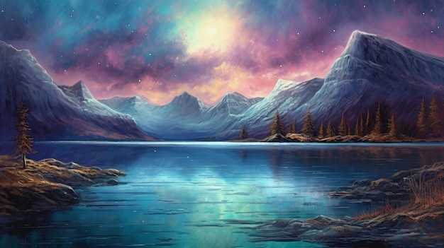 peinture d'un lac de montagne avec une chaîne de montagnes en arrière-plan IA générative