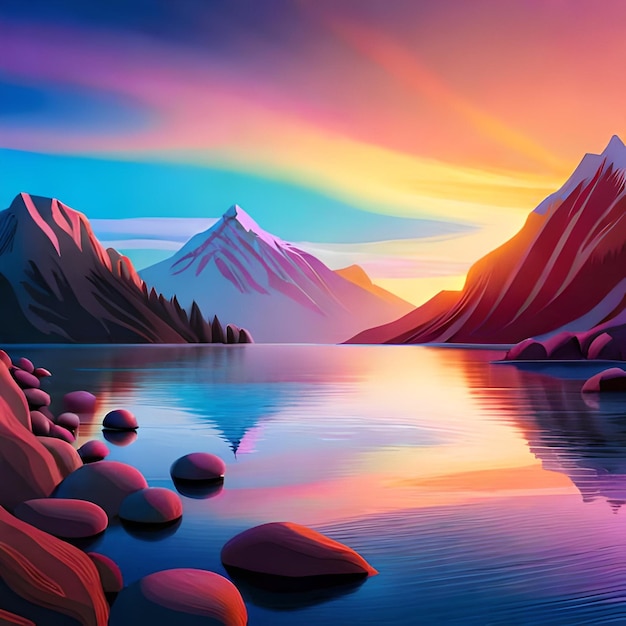 Une peinture d'un lac de montagne avec un ciel coloré et le soleil brille sur les montagnes.