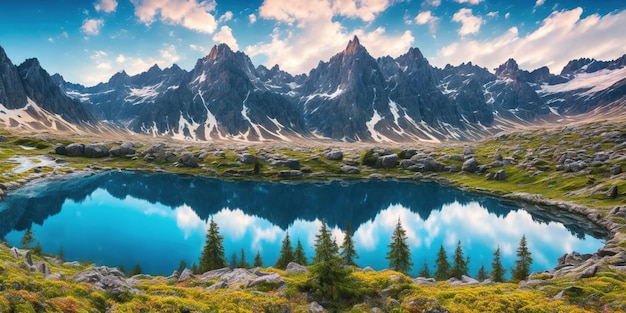 Une peinture d'un lac de montagne avec un lac bleu et des montagnes en arrière-plan.