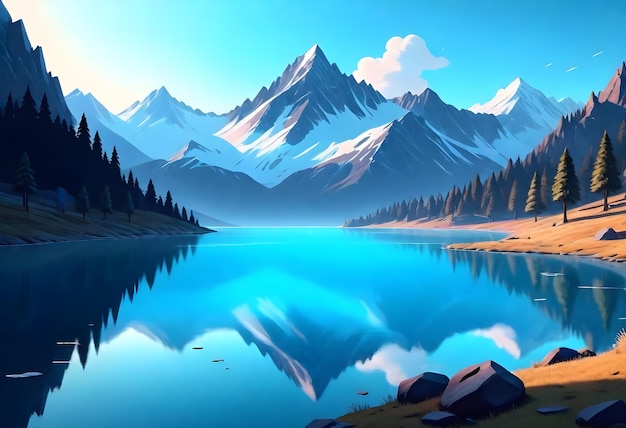 une peinture d'un lac de montagne avec un lac et des montagnes en arrière-plan