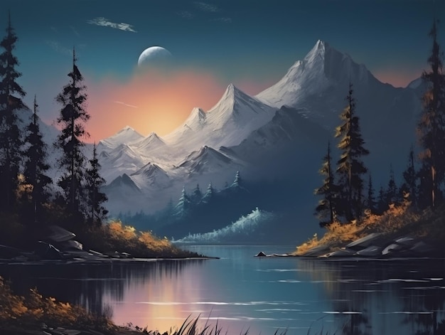 Une peinture d'un lac de montagne avec une lune en arrière-plan.