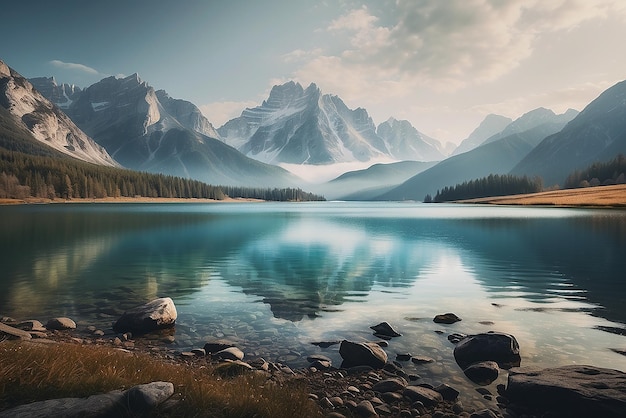 Une peinture d'un lac de montagne avec une montagne en arrière-plan