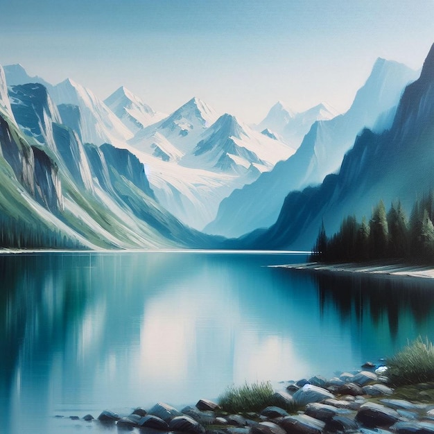 Une peinture d'un lac de montagne avec une montagne en arrière-plan