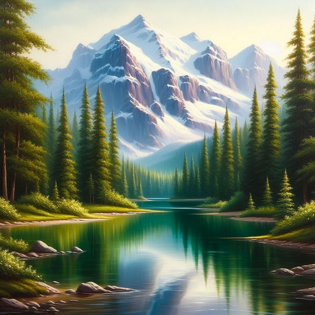 Une peinture d'un lac de montagne avec une montagne en arrière-plan