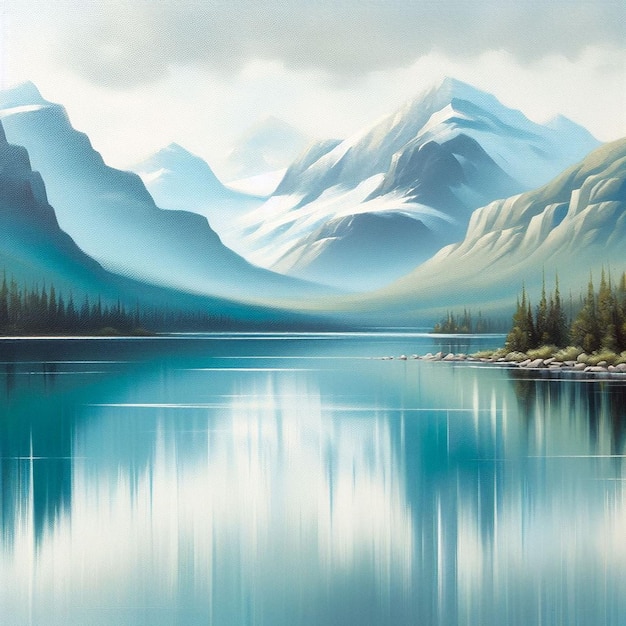 Une peinture d'un lac de montagne avec une montagne en arrière-plan