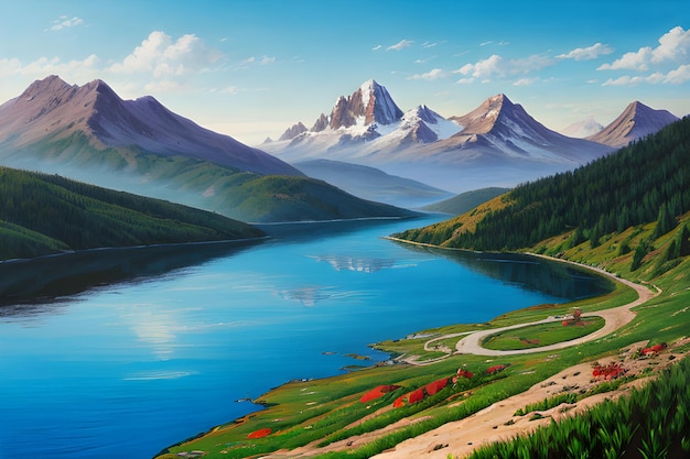 Photo peinture d'un lac de montagne avec une montagne en arrière-plan