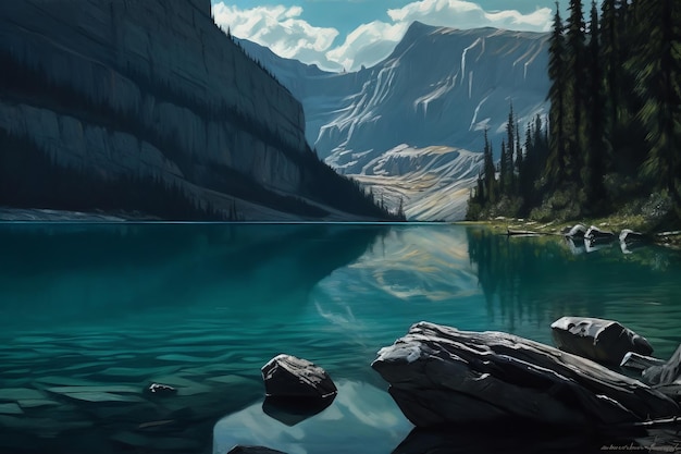 Une peinture d'un lac de montagne avec une montagne en arrière-plan.