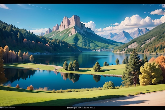 Une peinture d'un lac de montagne avec une montagne en arrière-plan.