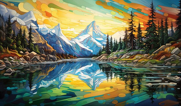 une peinture d'un lac de montagne avec un reflet de montagnes et d'arbres