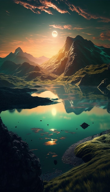 Une peinture d'un lac de montagne avec le soleil qui brille dessus.