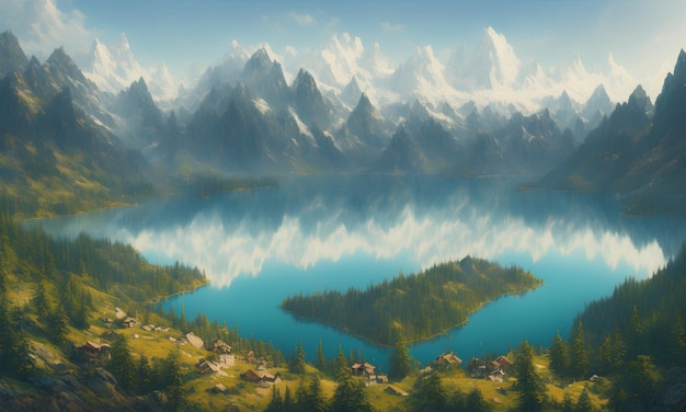 Une peinture d'un lac avec des montagnes en arrière-plan.