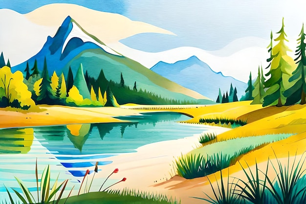 Une peinture d'un lac avec des montagnes en arrière-plan.