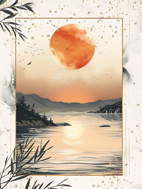 une peinture d'un lac avec une pleine lune et des arbres en arrière-plan