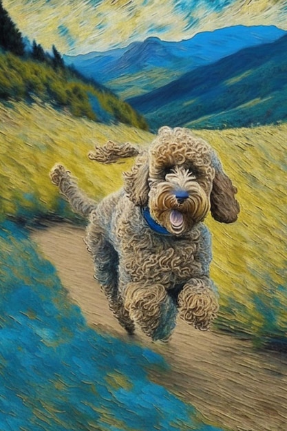 peinture de Lagotto Romagnolo labradoodle courant à l'extérieur illustration heureuse