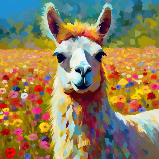 Une peinture d'un lama dans un champ de fleurs.