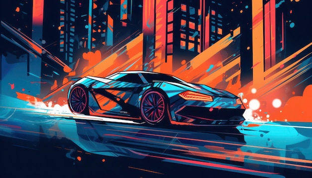 Une peinture d'une Lamborghini avec un paysage urbain en arrière-plan.