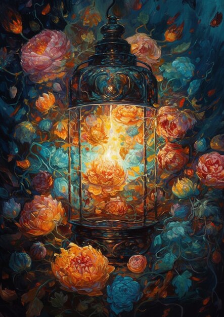 Une peinture d'une lampe avec des roses dessus