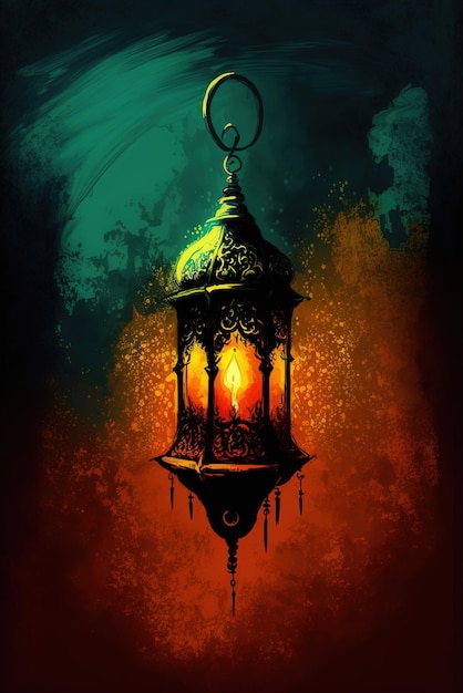 Une peinture d'une lanterne avec une flamme dessus.
