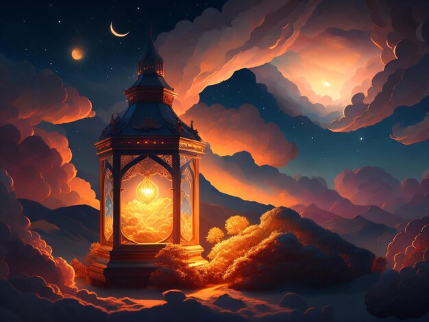 Une peinture d'une lanterne avec la lune en arrière-plan.