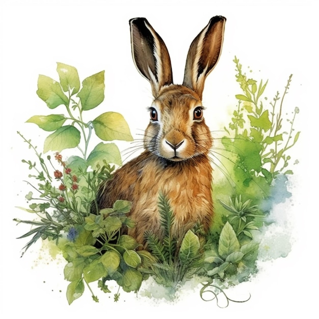 Une peinture d'un lapin assis dans l'herbe avec des plantes génératives ai