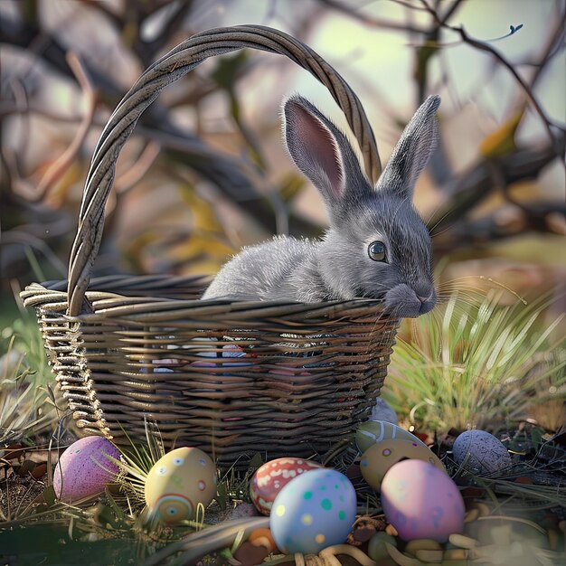 Une peinture d'un lapin assis dans un panier avec des œufs de Pâques