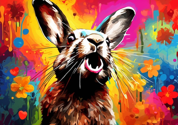 peinture d'un lapin avec la bouche ouverte et la langue à l'extérieur