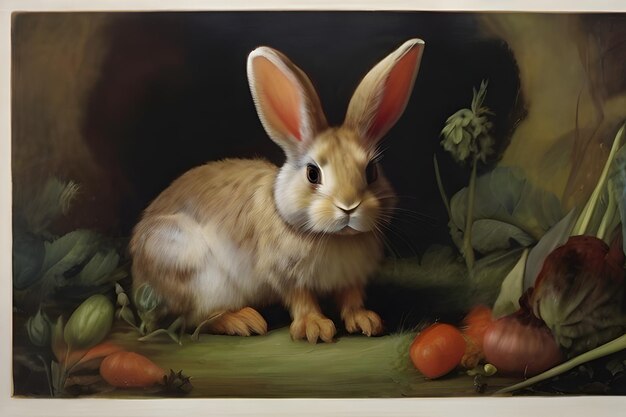 Photo une peinture d'un lapin brun entouré de légumes comme des carottes et des oignons