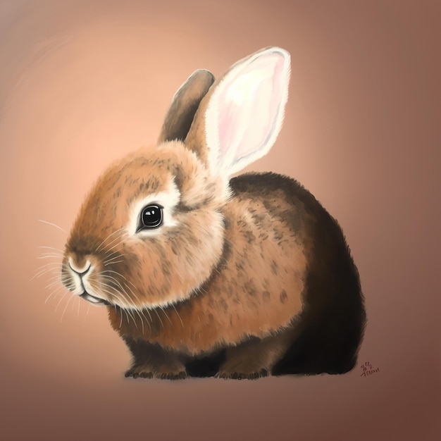 Une peinture d'un lapin brun avec des oreilles blanches et un nez noir.