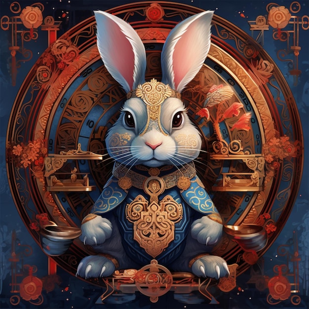 Une peinture d'un lapin avec une chaîne en or autour du cou.