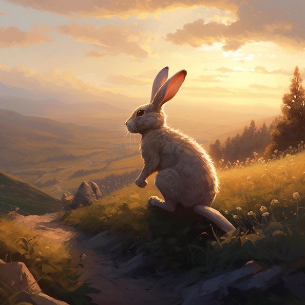 Une peinture d'un lapin dans un champ avec un coucher de soleil en arrière-plan