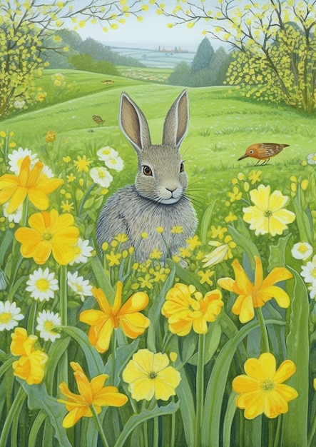 peinture d'un lapin dans un champ de fleurs avec un oiseau en arrière-plan