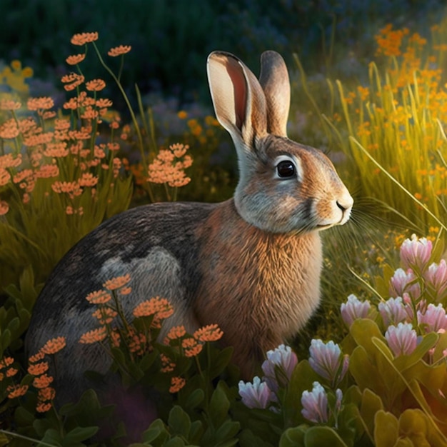 Une peinture d'un lapin dans un champ de fleurs