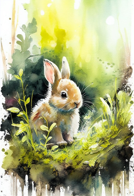 Une peinture d'un lapin dans l'herbe