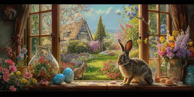 Une peinture de lapin dans un paysage naturel avec une fenêtre et une plante